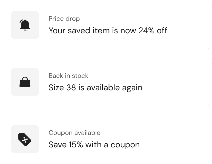 Price drop, back in stock and coupon notifications